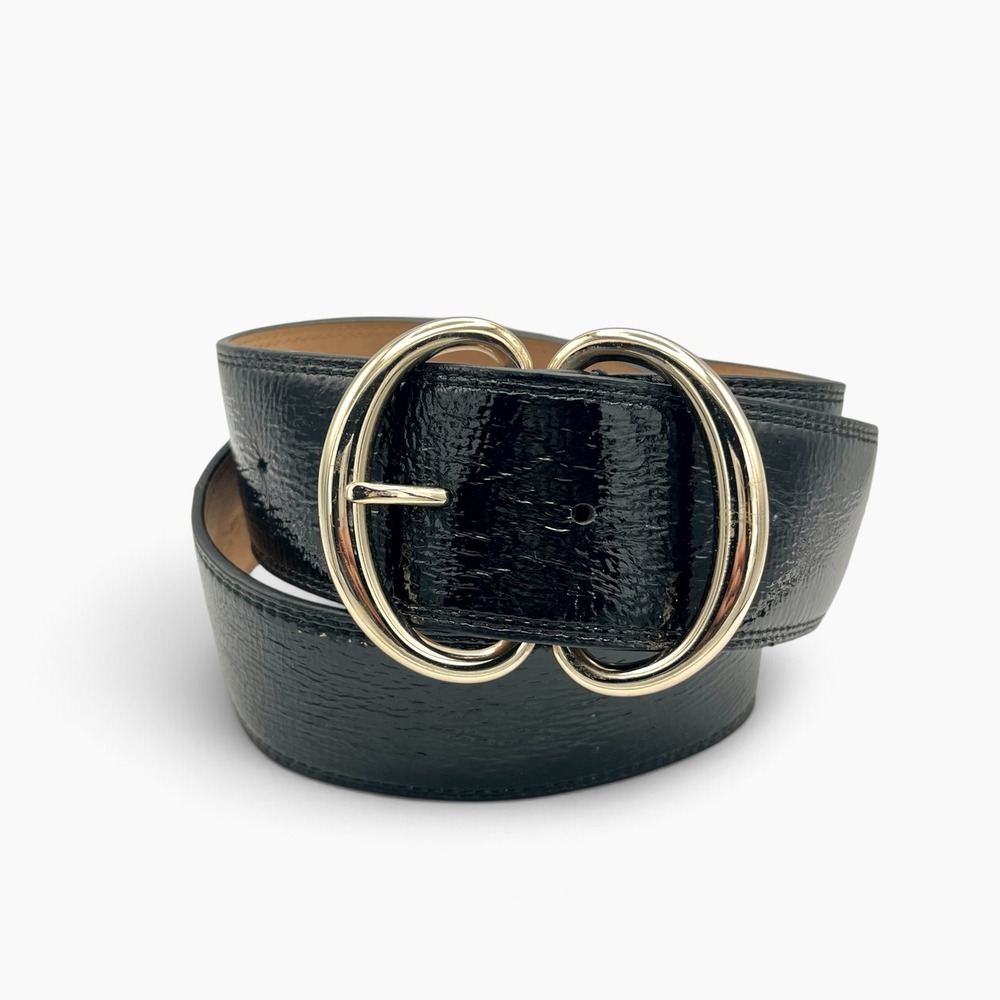 Talbots Black Patent Leather Wide Belt Gold Double Ring Buckle Small